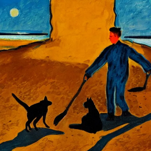 Image similar to a fauvist painting of a man and a black dog digging a hole on a danish beach at sunset