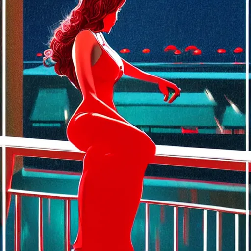 Image similar to a beautiful artwork of a woman in red dress sitting on the balcony of a hotel at night, top view, neon and rainy theme atmosphere by Jerome Opeña, featured on artstation