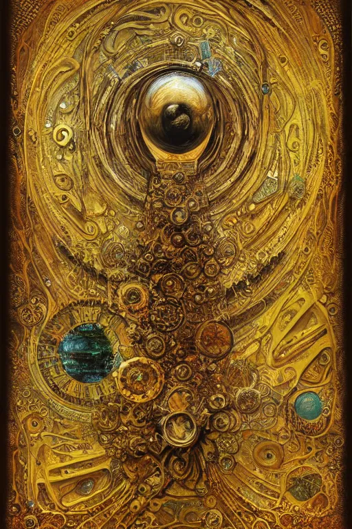 Prompt: The Helliquary by Karol Bak, Jean Deville, Gustav Klimt, and Vincent Van Gogh, lockbox, otherworldly, fractal structures, arcane, inferno, inscribed runes, reliquary, infernal relics, ornate gilded medieval icon, third eye, spirals