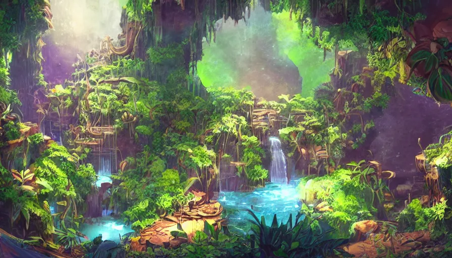 Image similar to concept art of underground jungle cave with waterfalls, luminescent plants, colorful, high detailed