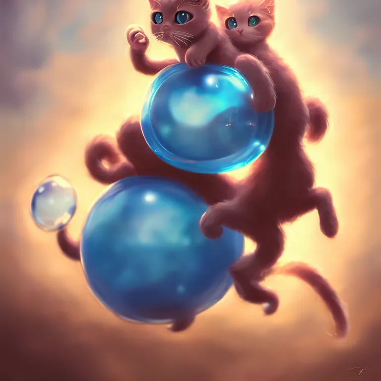 Image similar to cinematic portrait of cute Mew riding large blue bubble, oil on canvas, masterpiece, trending on artstation, featured on pixiv, cinematic composition, dramatic pose, beautiful lighting, sharp, details, hyper-detailed, HD, HDR, 4K, 8K