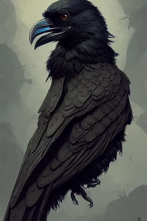 Image similar to highly detailed black raven bird, deep focus, d & d, fantasy, intricate, elegant, highly detailed, digital painting, artstation, concept art, matte, sharp focus, illustration, hearthstone, art by artgerm and greg rutkowski and alphonse mucha