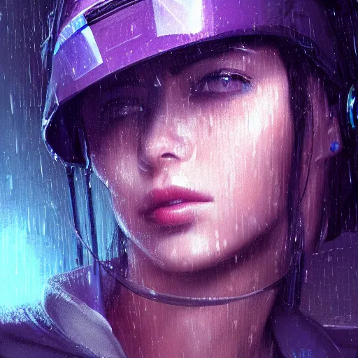 Image similar to very detailed masterpiece painting of a very beautiful wet young cyberpunk woman with a visor, dark purple hair and cybernetics, cyberpunk background, retrowave lighting, raining, closeup, portrait, artstation, concept art by greg rutkowski