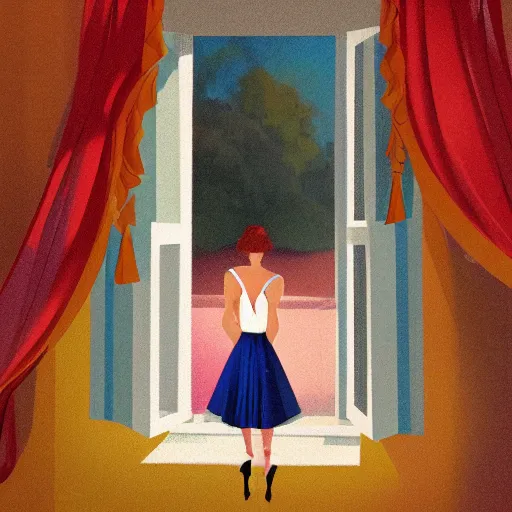 Image similar to a woman in an open dress royal dress looking out a castle window, ArtStation trending, detailed, digital art, calm colors, 1930s Childrens book