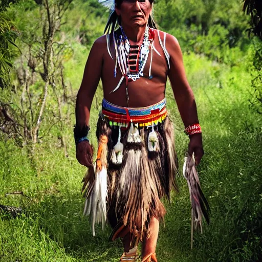 Prompt: native american indigenous man wearing traditional clothing, walking to the right, png