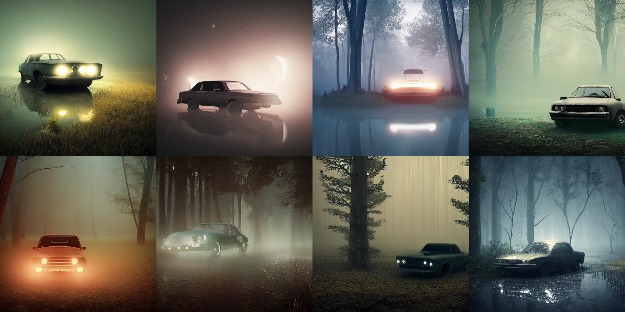 Prompt: old car with headlights on sinking in beautiful dark foggy swamp, in the style of beeple and Mike Winkelmann, intricate, epic lighting, cinematic composition, hyper realistic, 8k resolution,