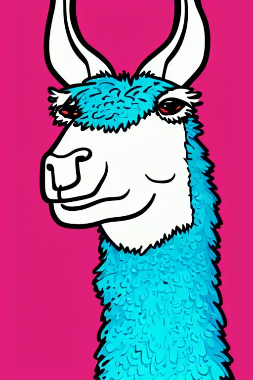 Prompt: Portrait of cute llama, sticker, andromorphic, colorful, illustration, highly detailed, simple, smooth and clean vector curves, no jagged lines, vector art, smooth