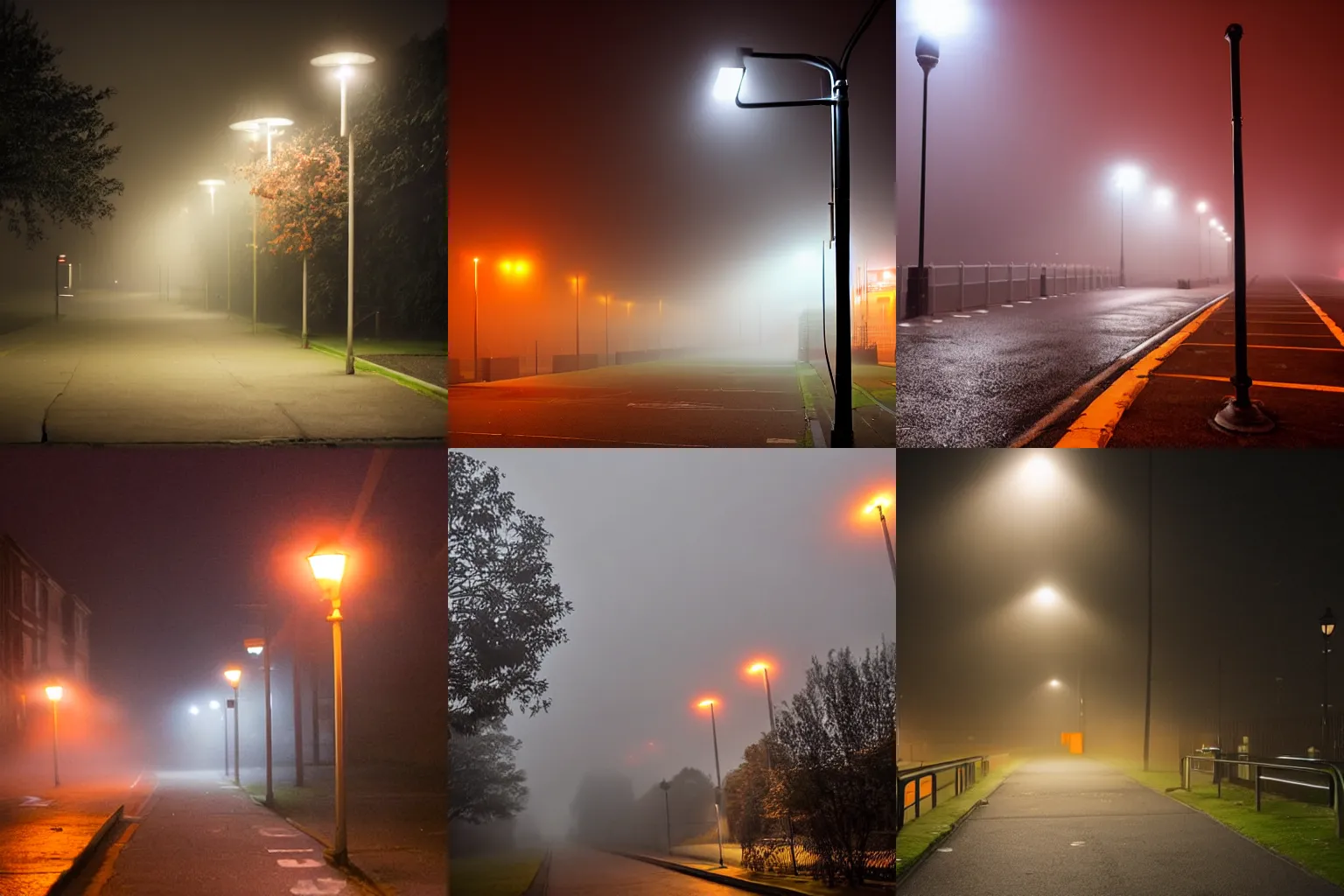 Prompt: foggy council estate at night, with orange orange orange orange street lights