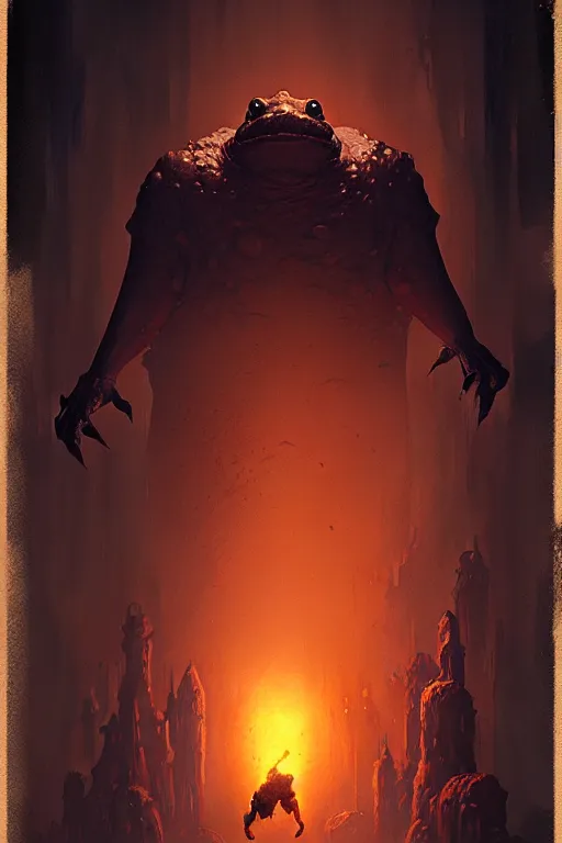 Image similar to greg rutkowski poster. toad golem