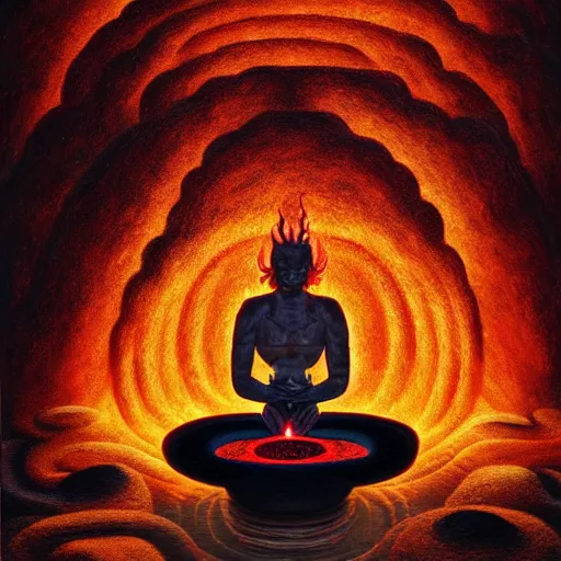 Prompt: a demon meditating near a zen garden with a lava waterfall in hell and opening a portal to heaven by amanda sage and anton semenov, oil on canvas 8k, dramatic lighting