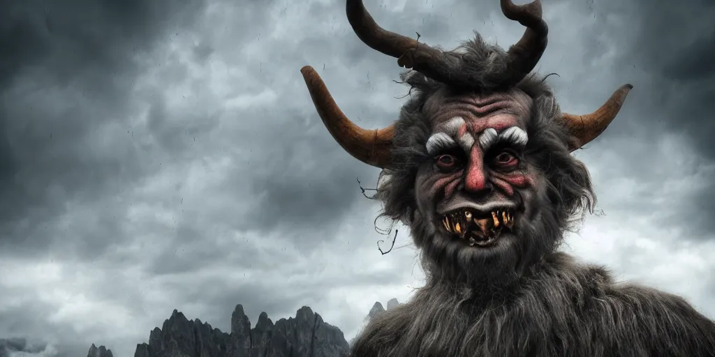 Image similar to clouds in the shape of krampus, dolomites, pastures, alps, alp, star rain, dark, eerie, despair, portrait photography, artstation, highly detailed, sharp focus, by cronneberg