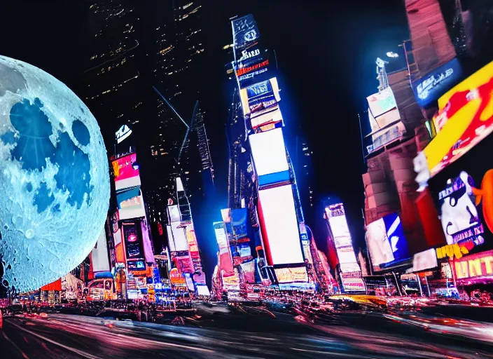 Image similar to film still of the moon shattering into pieces exploding moon over time square in the new disaster, 8 k, night time