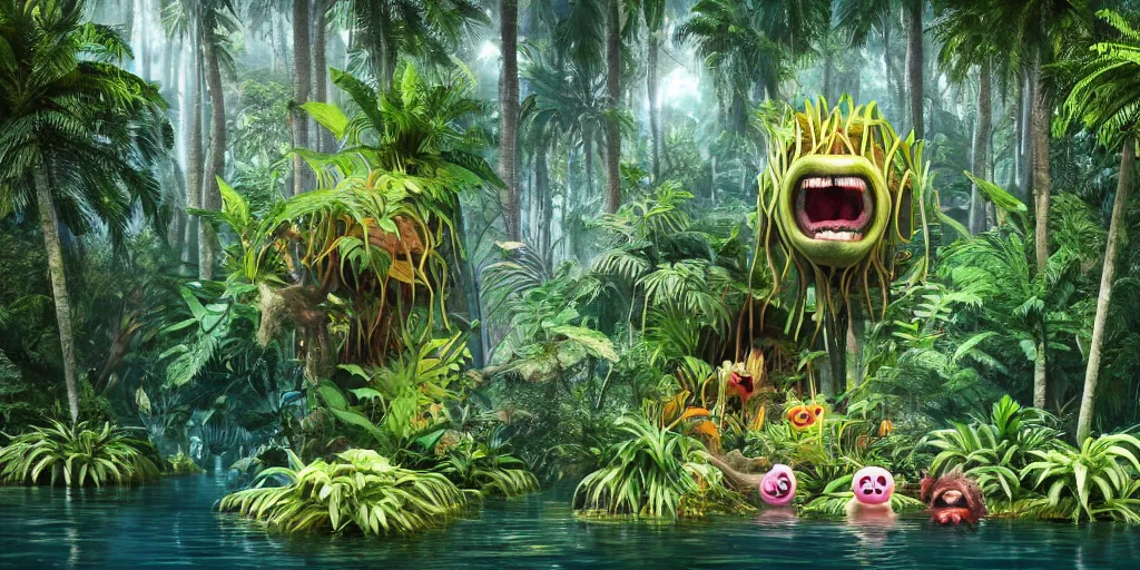 Image similar to of a tropical rainforest lake with strange cute friendly happy creatures with huge eyes, mouth, long tongue, round teeth and goofy face, appearing from the trees, in the style of gehry and gaudi, macro lens, shallow depth of field, ultra detailed, digital painting, trending artstation, concept art, illustration, cinematic lighting, photorealism, epic, octane render