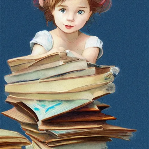 Prompt: a cute little girl with a round cherubic face, blue eyes, and short wavy light brown hair sitting on top of a stack of books. beautiful cartoon painting with flat colors and highly detailed face by quentin blake and greg rutkowski