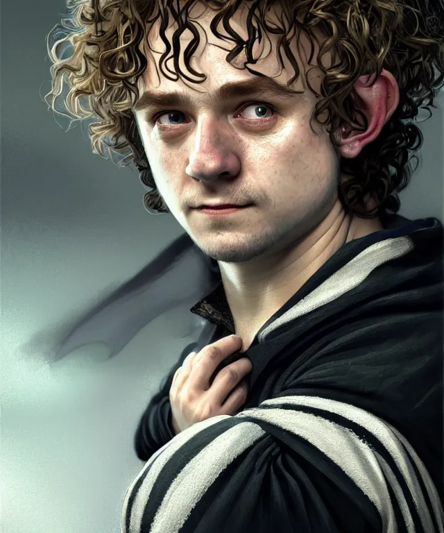 Prompt: a detailed fifty mm portrait of meriadoc brandybuck as a hobbit in a black adidas track suit with white stripes, headshot, highly detailed, digital painting, artstation, concept art, sharp focus, cinematic lighting, illustration, art by met mangindaan, artgerm and greg rutkowski, alphonse mucha, cgsociety - no cameron