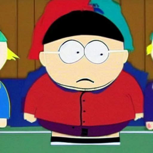 Image similar to Eminem in a scene from South Park as Eric Cartman