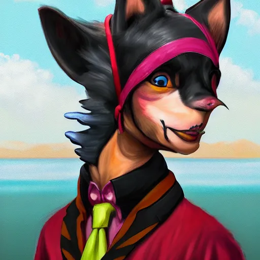 Prompt: Beautiful portrait digital painting, oil painting, anthro anthropomorphic animal androgynous , at a lake anarchist anarcho-punk Punk Punk outfit. furaffinity, artstation