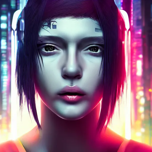 Prompt: a cyberpunk girl portrait with depth of field inspired by ghost in the shell