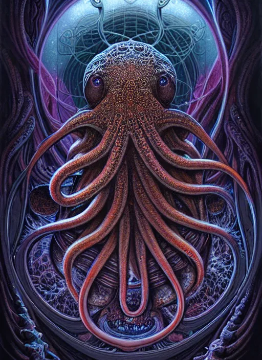 Image similar to cosmic lovecraft giger fractal octopuss portrait, pixar style, by tristan eaton stanley artgerm and tom bagshaw.