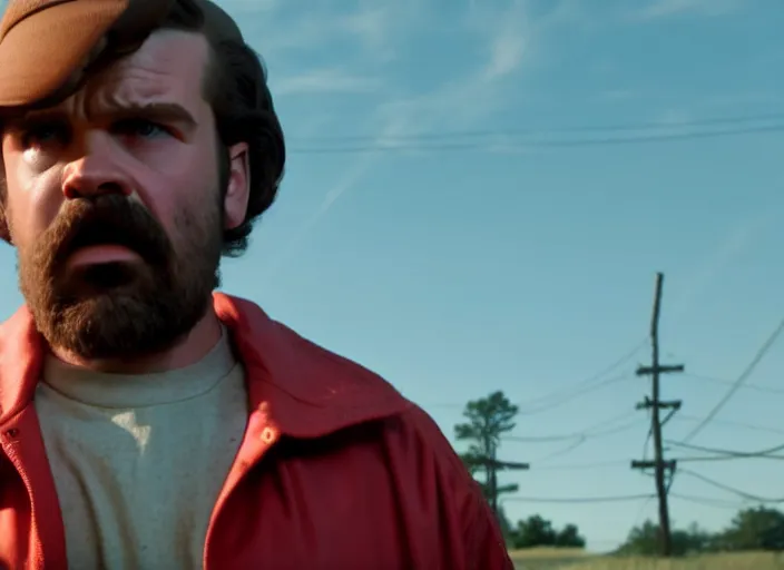 Image similar to film still of jim hopper as dustin henderson in stranger things, 8 k