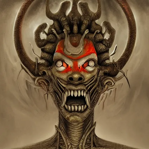 Image similar to naraka buddhist demon korean female, happy female alien, tubular creature, blood vessels, no face, dystopian surrealism, alex ries zdzisław beksinski, giger, symmetrical long head, smooth marble surfaces, smooth marble surfaces, detailed ink illustration, detailed ink illustration, raiden metal gear, cinematic smooth stone, deep aesthetic, concept art, intricate