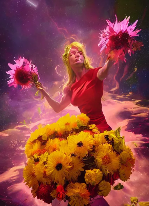 Image similar to An epic fantastic realism comic book style painting of the most beautiful flowers launched across the galaxy, bouquets, fisheye lens, unreal 5, DAZ, hyperrealistic, octane render, dynamic lighting
