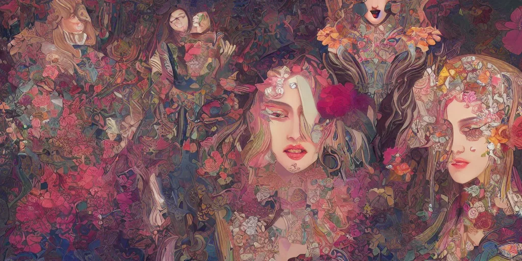 Image similar to breathtaking detailed concept art painting kaleidoscope art deco pattern of blonde faces goddesses amalgamation flowers, by hsiao - ron cheng, bizarre compositions, exquisite detail, extremely moody lighting, 8 k