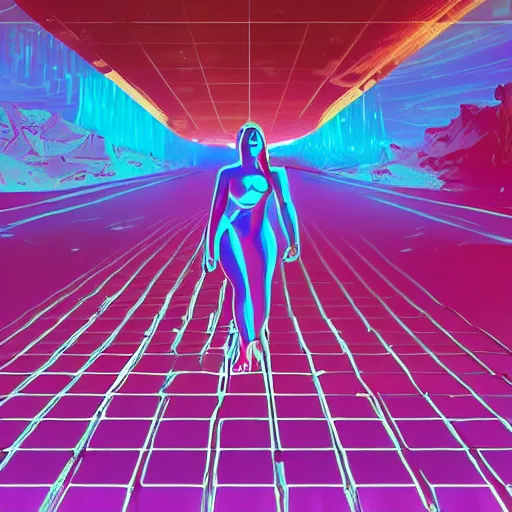 Image similar to A wide angle shot from below of a feminine body walking with swagger towards camera on mars in an infinite universe , synthwave digital art