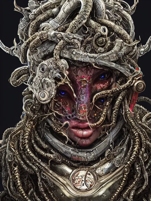 Image similar to portrait art of 8k ultra realistic Medusa, detailed intricate ornate armour,decaying, cybernetic, full of colour, cinematic lighting, battered, trending on artstation, 4k, hyperrealistic, focused, extreme details,unreal engine 5, cinematic, masterpiece, art by ayami kojima, giger