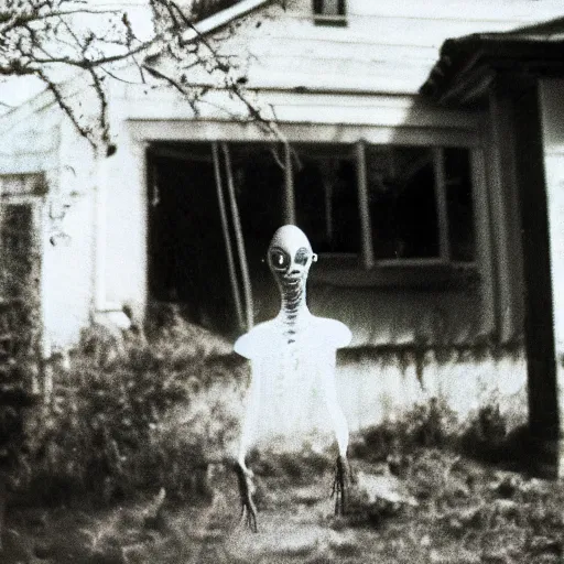 Image similar to alien in grandmother's village is photographed against the background of an old house, top secret style photo, 7 0 s
