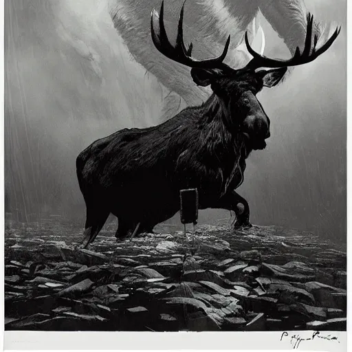 Prompt: portrait of a scary clown riding a moose, by peder balke by peder balke by greg rutkowski, by guido crepax by norman bluhm mystic high contrast monochromatic noir