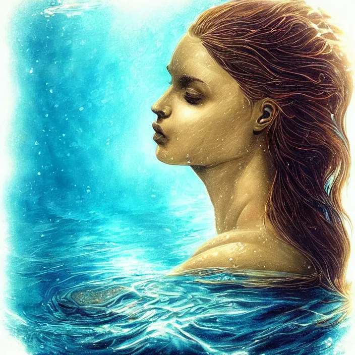 Prompt: beautiful portrait of a goddess submerged underwater, in the ocean, divine feminine energy, majestic, powerful, dark water, luminescent light surrounding her, detailed, photo - realistic