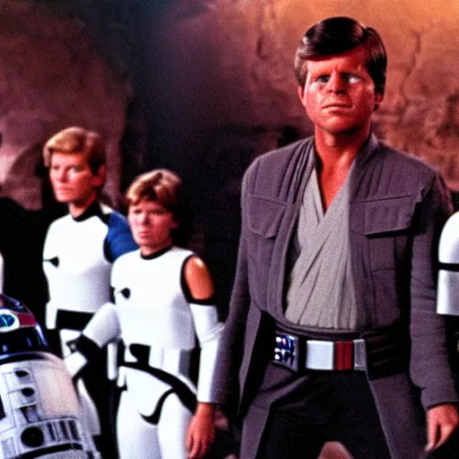 Prompt: a still frame from the movie star wars a new hope, starring jfk