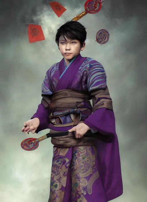 Image similar to An epic fantasy comic book style portrait painting of a young boy with straight indigo hair, purple eyes with red eye markers, slim body, wearing a detailed Japanese kimono with traits of the god Fuujin, holding a pair of fans. Unreal 5, DAZ, hyperrealistic, octane render, cosplay, RPG portrait, dynamic lighting