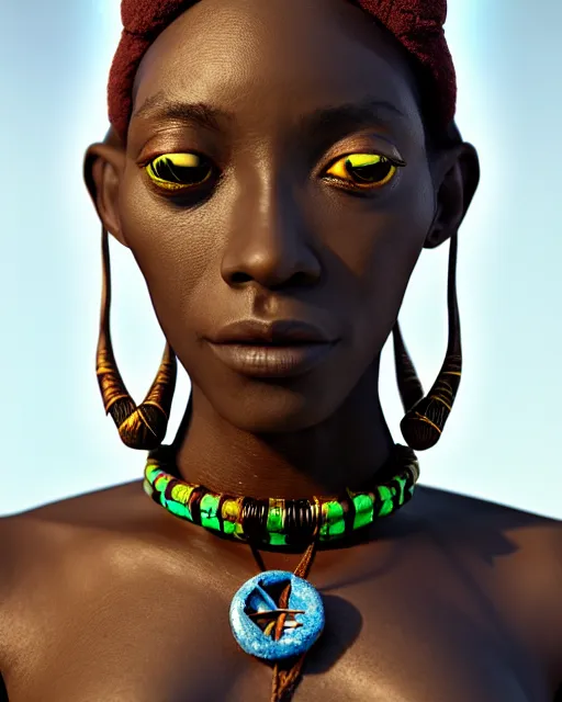 Prompt: portrait of a futuristic african shaman , unreal engine 5, female, blender, brown skin, atmosphere, gorgeous, depth of field, landscape, lush, ultra realistic, cinematic, macro, artstation, megascan, elegant, epic, Quixel, weta digital, focus, octane render, v-ray, 8k, art by Lemma Guya