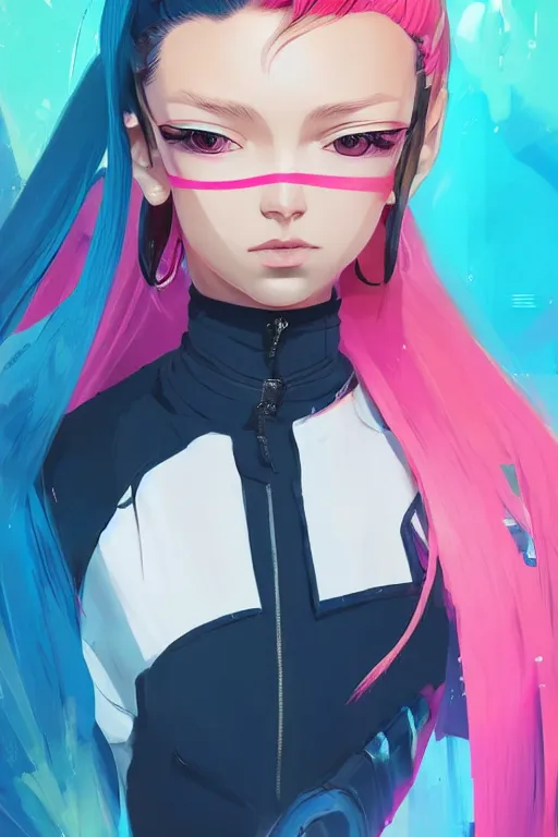 Image similar to poster woman with futuristic streetwear and hairstyle, colourful, cute face, pretty face, 3/4 portrait, Galaxy eyes, beautiful, elegant, Anime by Kuvshinov Ilya, Cushart Krentz and Gilleard James, 4k, HDR, Trending on artstation, Behance, Pinterest, award winning