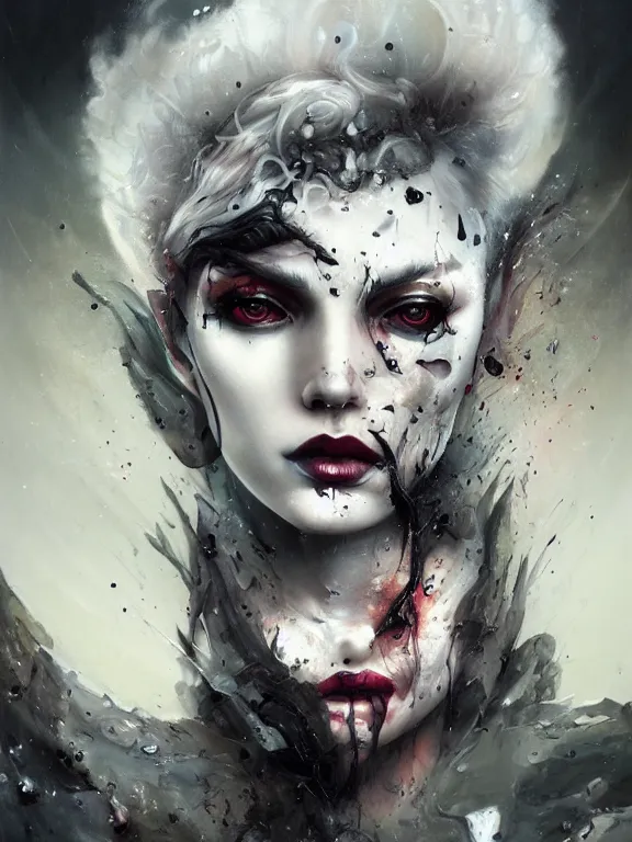 Prompt: a splatterpunk portrait of a gorgeous woman with shadowy eyes and bonewhite hair, with black glossy lips, hyperrealistic, award-winning, in the style of Tom Bagshaw, Cedric Peyravernay, Peter Mohrbacher