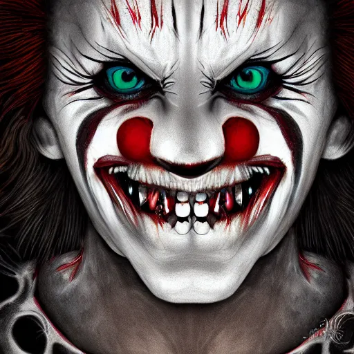 Image similar to a killer clown with sharp fangs and scars, hyper-detailed digital painting