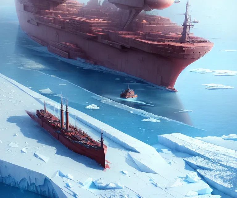 Prompt: one singular solo enormous gigantic steel ship - shaped fortress sailing across an icy frozen ocean. masterpiece, cinematic, octane render, depth of field, bokeh, architecture, aerial view, art by tom bagshaw, geof darrow, james gurney, filip hodas