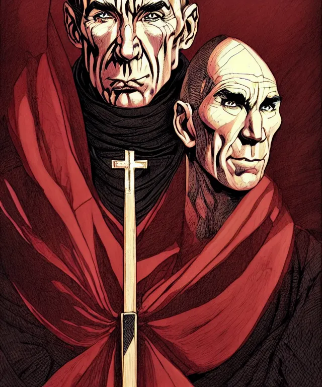 Image similar to a ( fantasy comic ) ( cover art ) portrait of a catholic inquisitor who looks like ( pete postlethwaite ), digital illustration by jenny frison and sana takeda and kentaro miura, fine inking lines, vivid colors, dnd, highly detailed!, hd, 4 k, trending on artstation