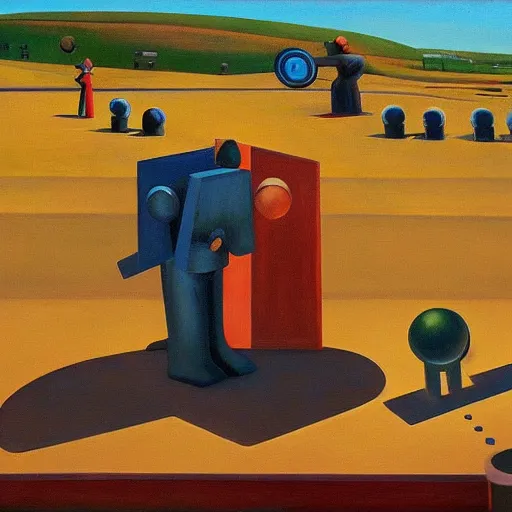 Image similar to infinite whack - a - mole with robots, grant wood, pj crook, edward hopper, oil on canvas