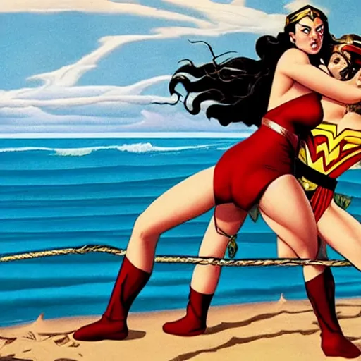 Prompt: padme and wonder woman wrestling at the beach, 8k photo, joe Jusko, artstation, Frank Frazetta