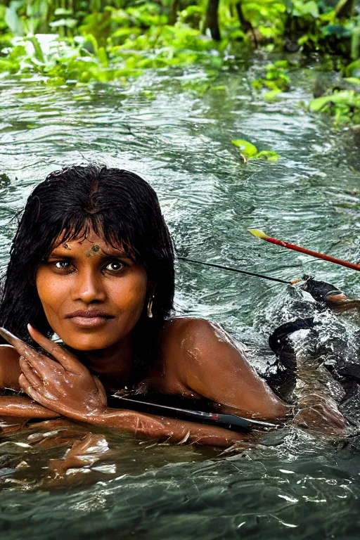 Prompt: a professional portrait photo of a sri lankan jungle woman, submerged in water, black hair, hunter, with bow and arrow, extremely high fidelity, natural lighting