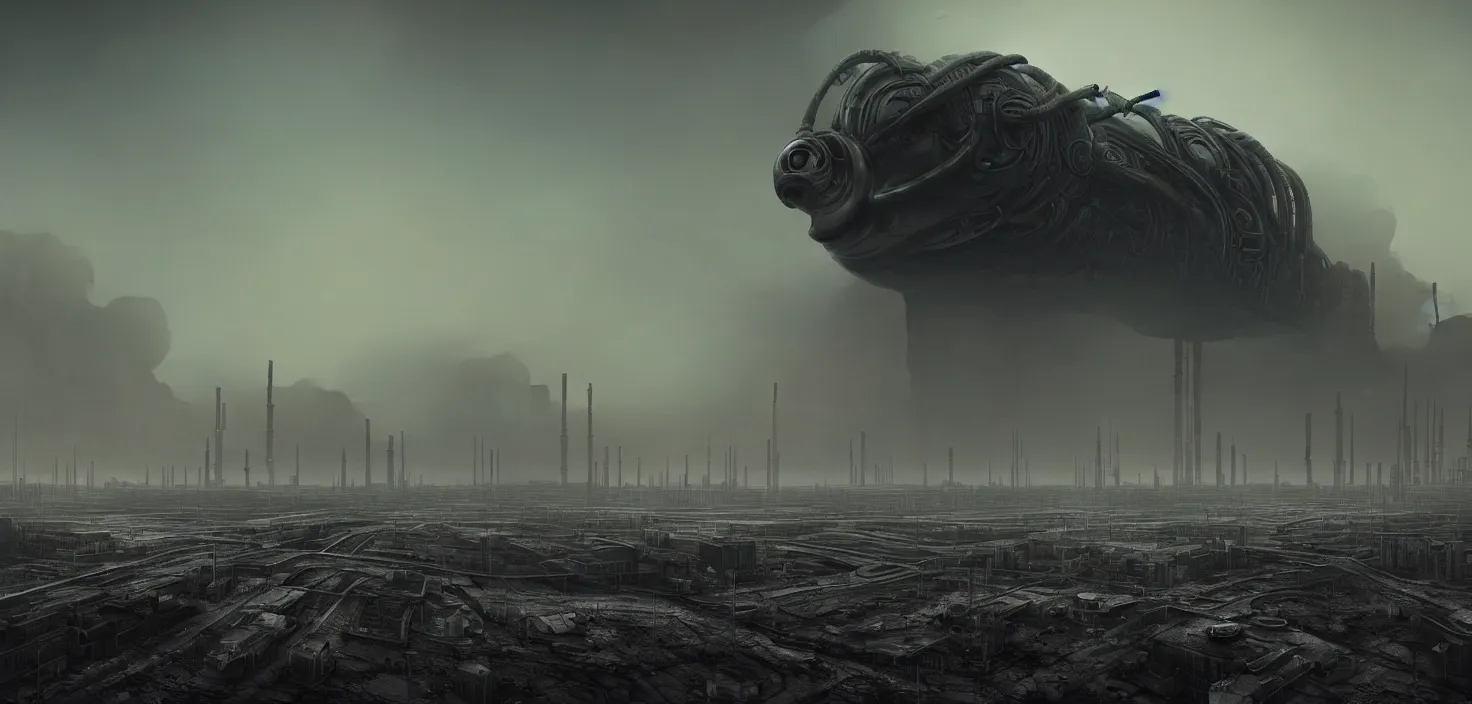 Prompt: polluted industrial alien landscape, smoke, soot, cinematic, detailed, epic, widescreen, opening, establishing, mattepainting, photorealistic, realistic textures, octane render, hr giger and vincent di fate, vivid color scheme, featured in artstation, octane render, cinematic, elegant, intricate, 8 k