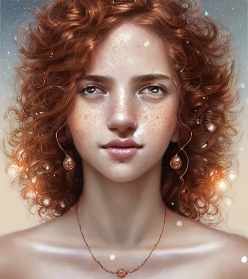 Image similar to portrait of teenage aphrodite, light freckles, curly copper colored hair, smiling kindly, wearing an embroidered white linen dress, intricate, elegant, mother of pearl jewelry, glowing lights, highly detailed, digital painting, artstation, concept art, smooth, sharp focus, illustration, art by wlop, artgerm, and greg rutkowski