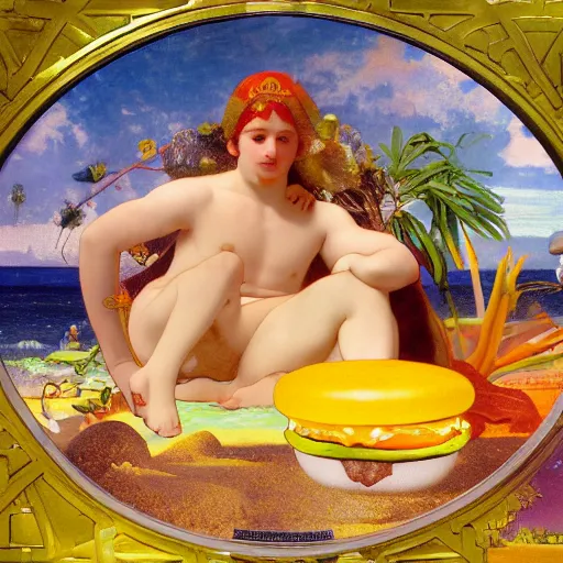 Image similar to The McDonald's Big Mac, extra toppics, mustard, pickles, ketchup, refracted sparkles, thunderstorm, greek pool, beach and Tropical vegetation on the background major arcana sky, by paul delaroche, alphonse mucha and arnold böcklin, hyperrealistic symmetrical 8k, award-winning, very very very detailed