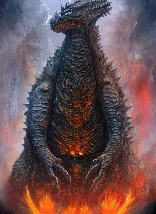 Prompt: occult godzilla kaiju with glowing haunted eyes, metal skin, intricate, elegant, highly detailed, centered, digital painting, artstation, concept art