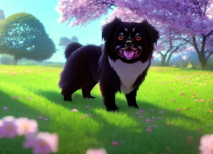 Prompt: a wholesome animation key shot of a black tibetan spaniel, cherry blossoms in the background, studio ghibli, pixar and disney animation, sharp, rendered in unreal engine 5, anime key art by greg rutkowski, bloom, dramatic lighting