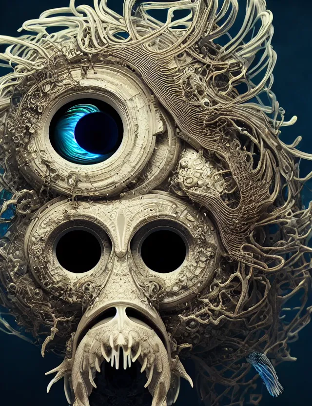 Image similar to eye of god macro close - up portrait with mask made of ram skull. betta fish, jellyfish phoenix, plasma, water, wind, creature, super intricate ornaments artwork by tooth wu and wlop and beeple and greg rutkowski