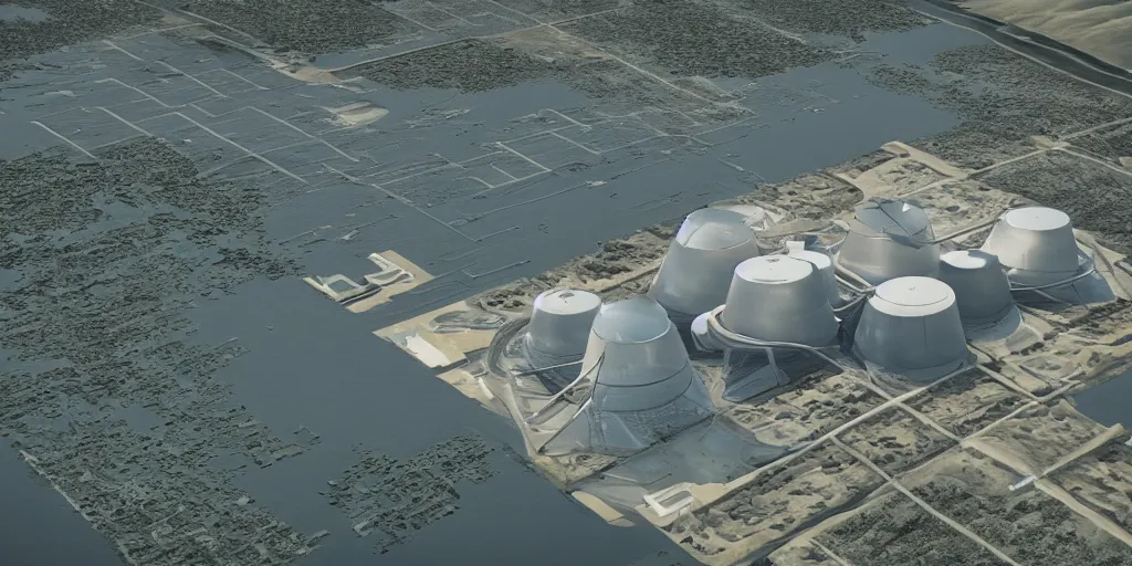 Prompt: aerial view of a renewable futuristic powerplant designed by Jorn Utzon, epic shot, masterpiece, highly detailed, 8k cinematic, unreal engine, global illumination